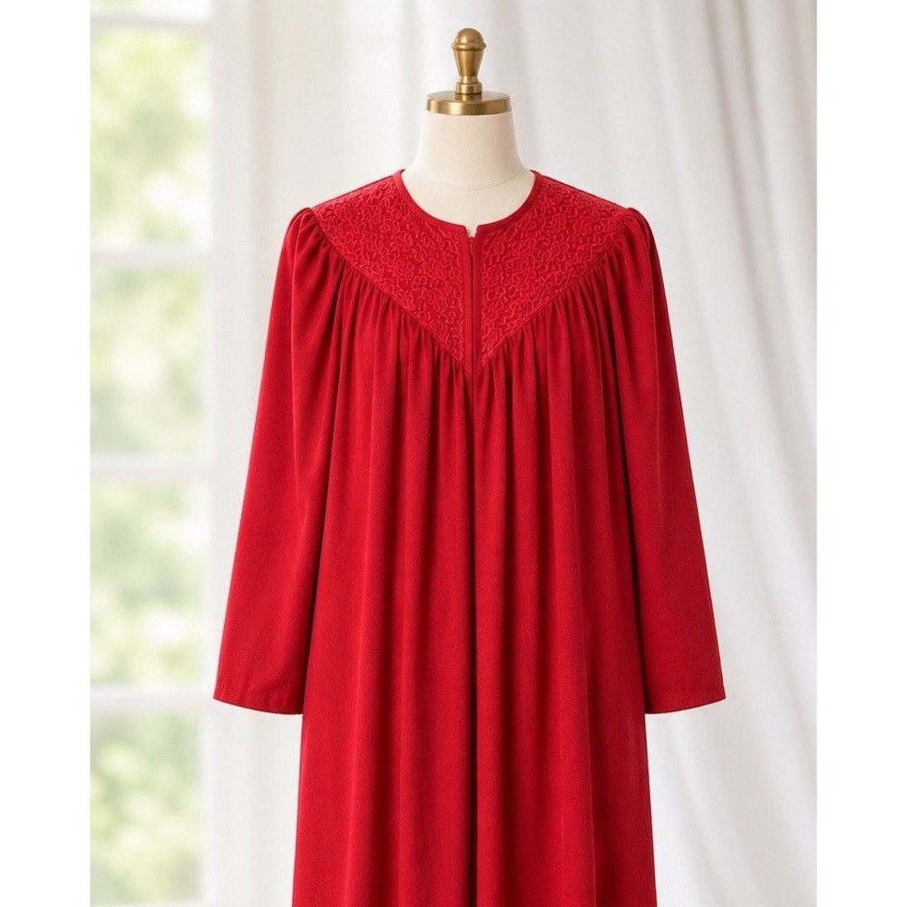 VTG Vanity Fair Red Velour Half Zip Up Robe Long Housecoat Pockets Size Large